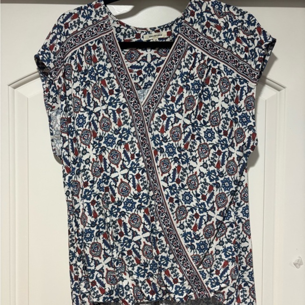 Max Studio Blue and Red Patterned Blouse with‎ Patterned Trim; Short Sleeve